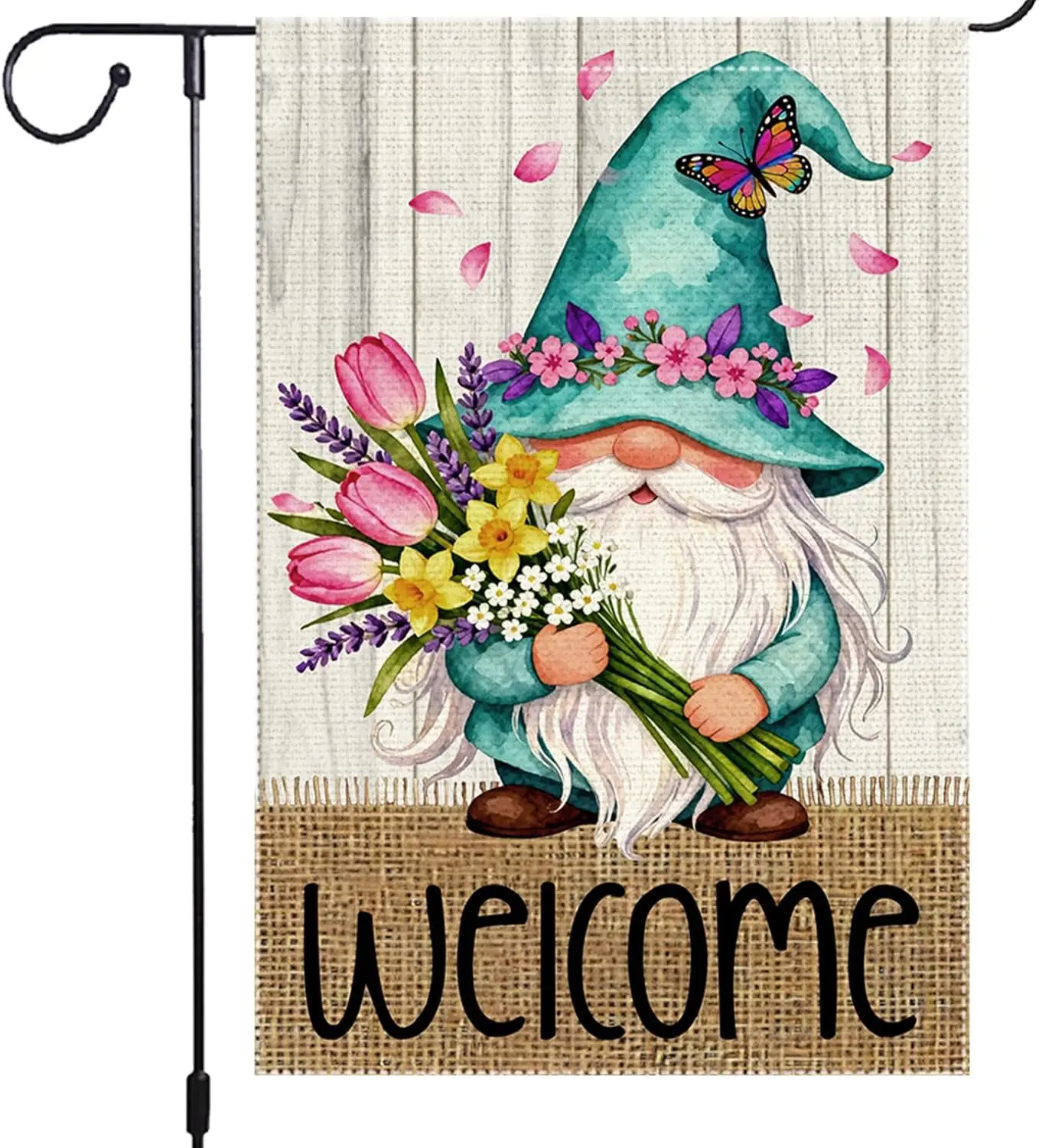 Welcome Garden Flag 12x18 Inch Double Sided with Spring Gnome, Butterfly, Tulips, Daffodils, and Floral Bouquet for Outdoor  ZZM