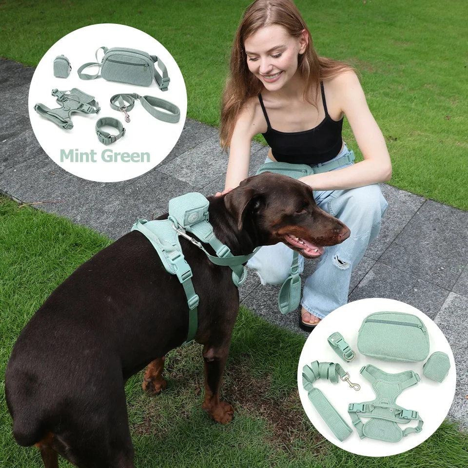 

Popular Products 2024 Corduroy Luxury Dog Harness Set Funny Poop Bag Holder High Quality Luxury Padded Strap Leads Vest Harness