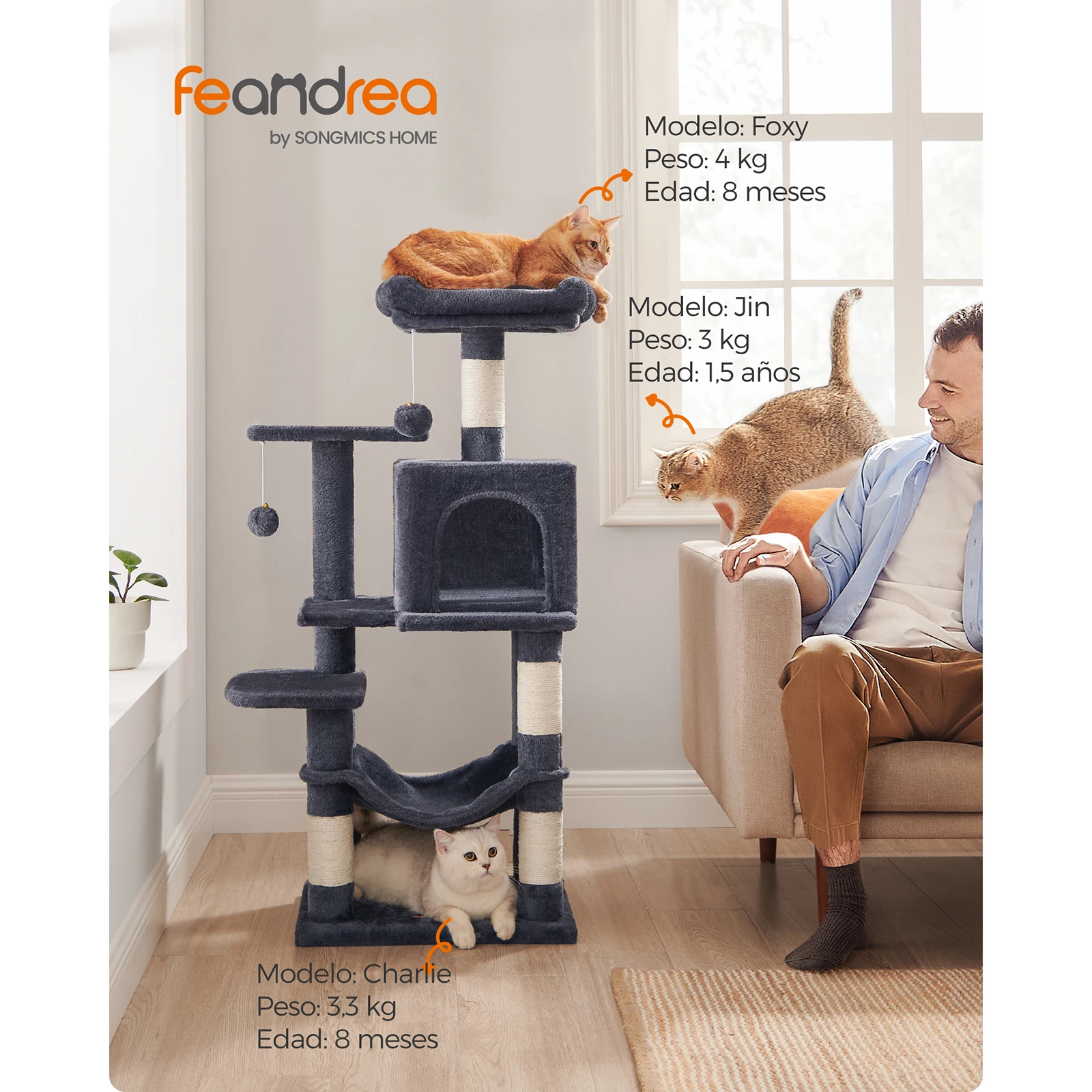 Feandrea 112cm Cat Tower: Plush condo with 4 posts, 2 perches, cave, hammock, pompoms, Smoky Grey.