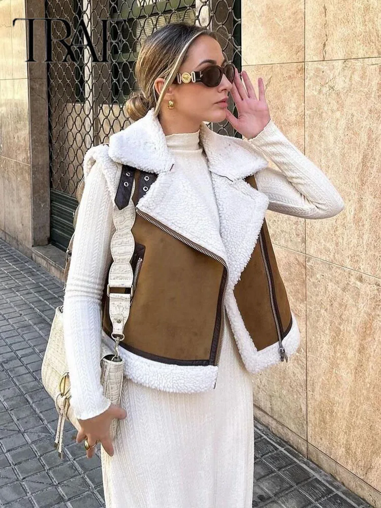 TRAF 2023 Autumn Female Fashion Faux Leather Lambswool Patchwork Sleeveless Vest Jacket Thickening Warm Zip Waistcoats Coat