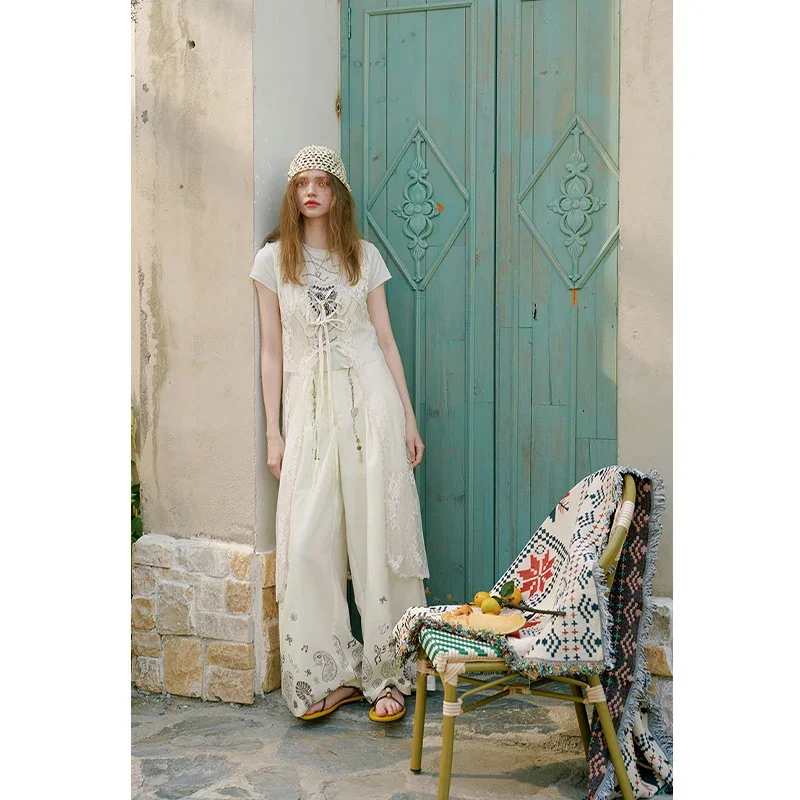 ELFSACK Sheer Floral Lace Long VestV Neck Front Tie Sleeveless Long OuterwearScalloped Hem Layering