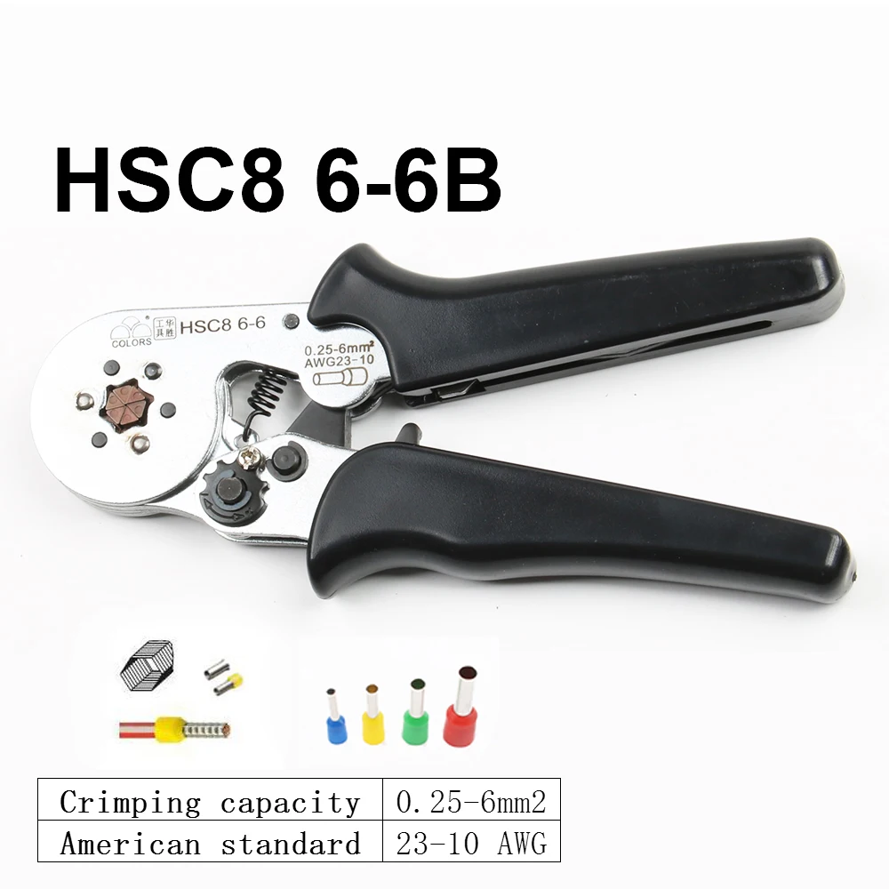 Alicador de crimpagem quadrilateral de tubo HSC8, ferramentas manuais, HSC8, 6-6, 0,25-6mm, 23-10AWG Hexagon, 10S, 23-7AWG