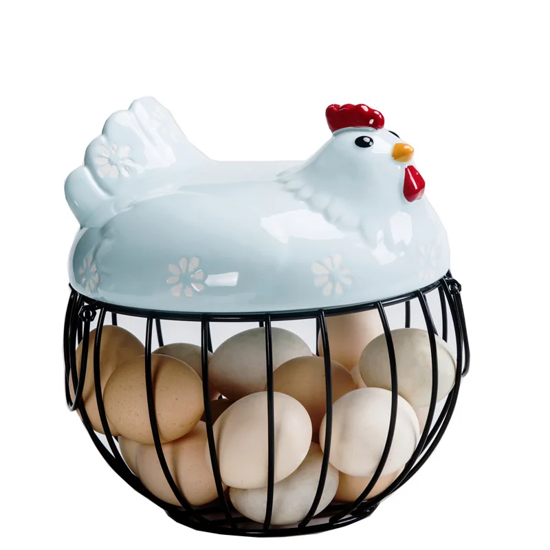 Creative Ceramic Hen Shaped Egg Fruit Iron Basket Garlic Potato Sundries Kitchen Storage Iron Basket