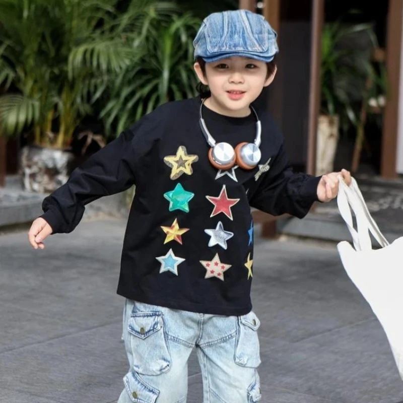 

Star Thin Layering Shirt Kids Boy Clothes Korean Clothing for Boys Oversized T-shirt Children's Top Bottom Set T-shirts Graphic