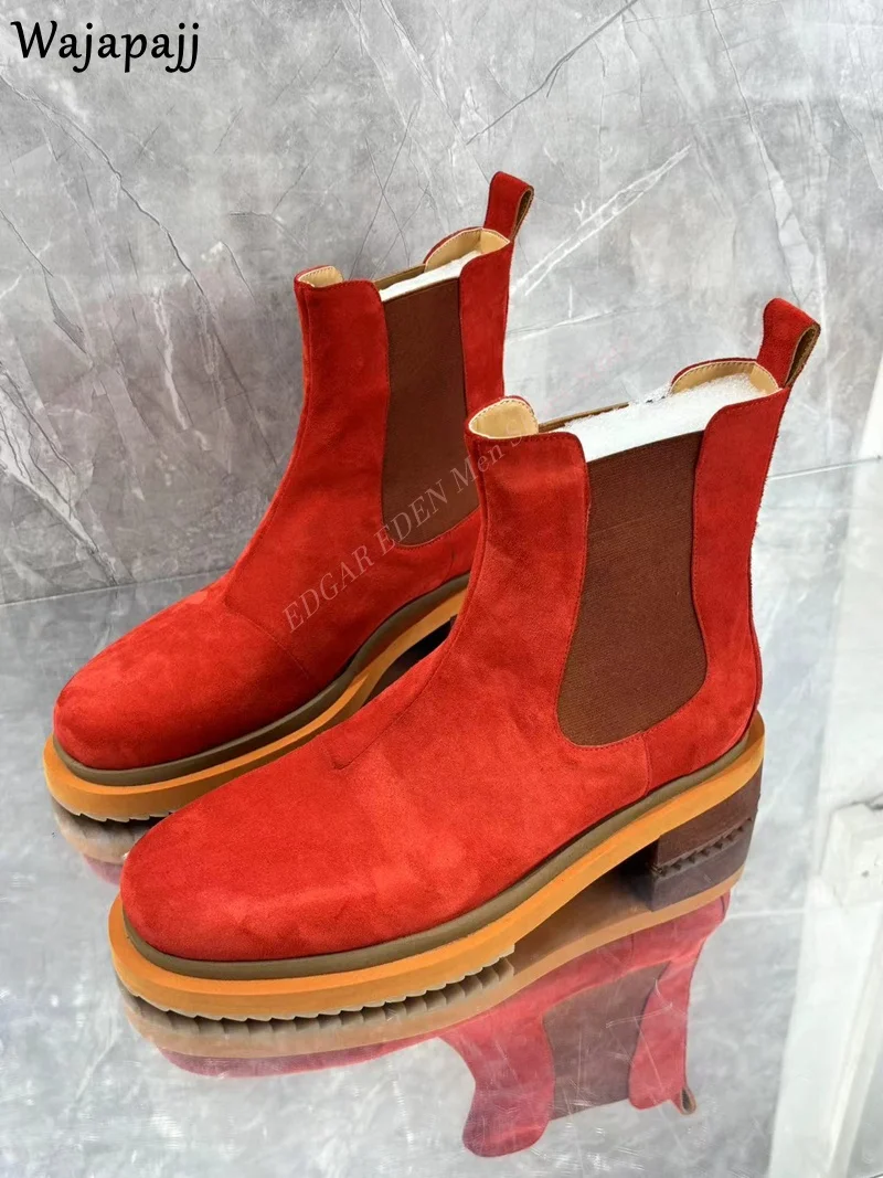 Graceful Red Faux Suede Spliced Knit  Men's Ankle Boots Spring Autumn Round Toe Husband's Low Heel Slip On Short Boots Shoes