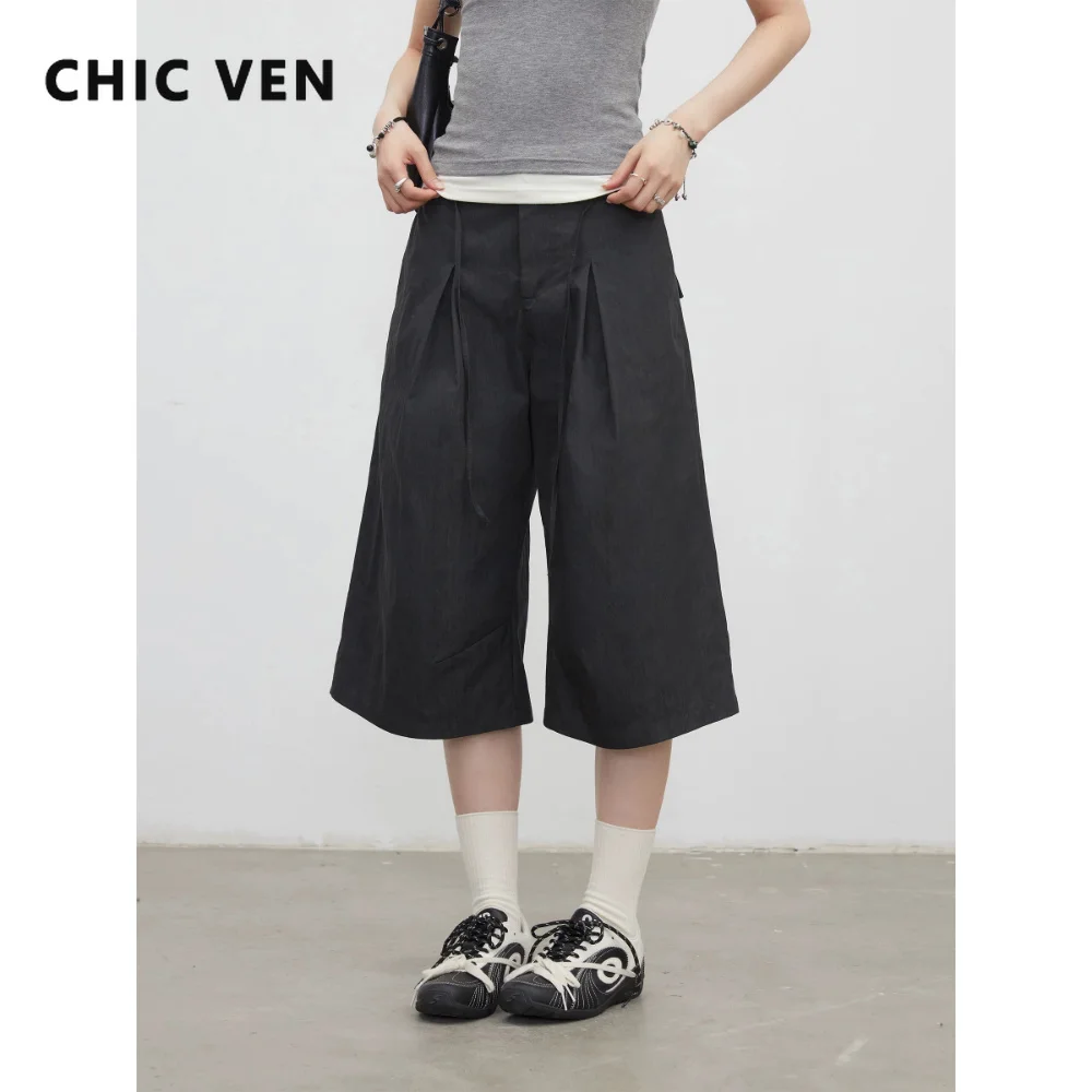 CHIC VEN New Women Summer Short Mid Length Shorts Pleated Loose Wide Leg Pants Tie Up Short Pants Casual  2026 Clothing