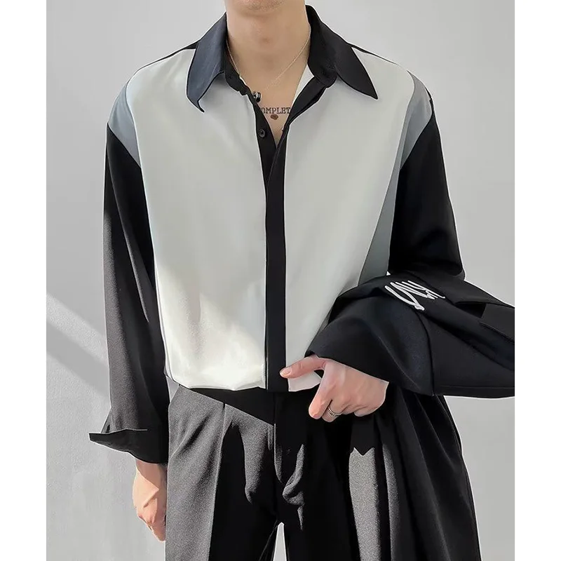 Camisa masculina de manga longa que combina com tudo, botão de lapela, camisas soltas emendadas, roupa coreana, tops casuais, nova moda, outono, 2023