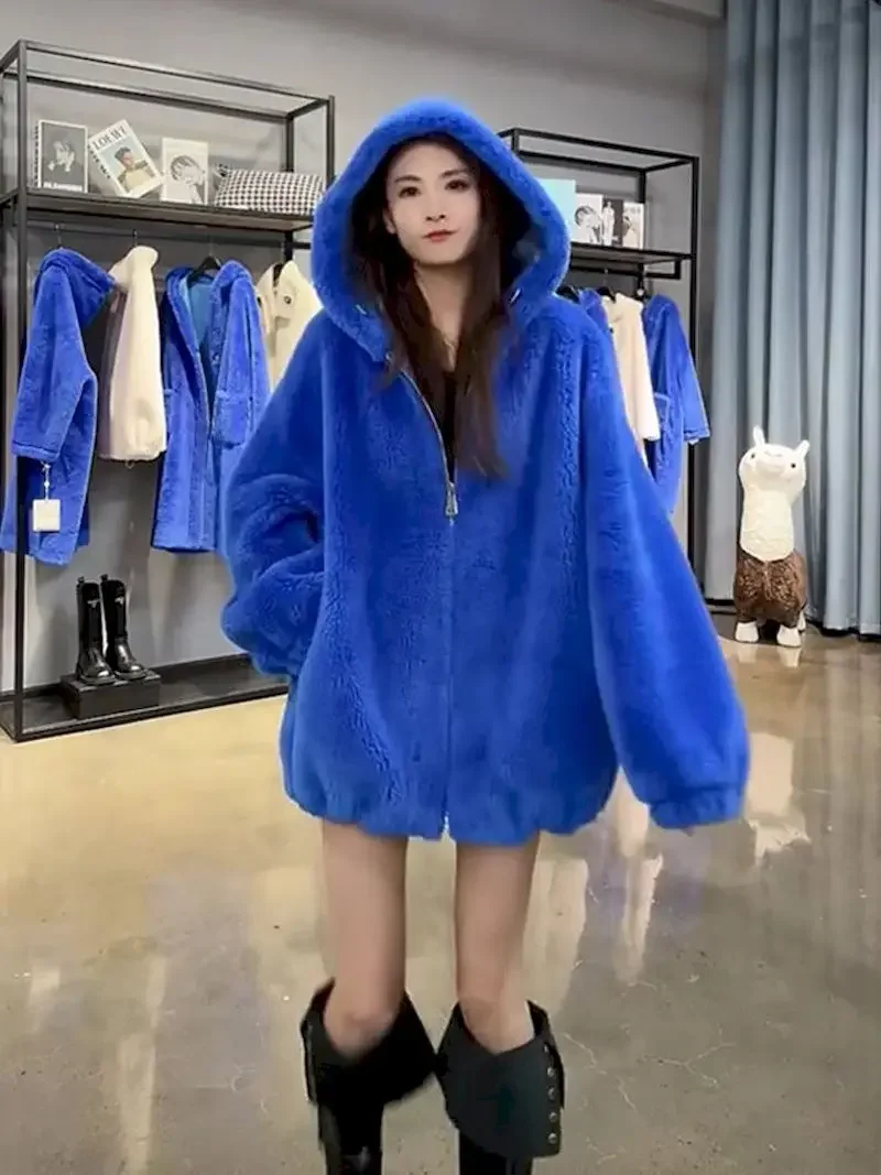 Klein Blue Hooded Coats Women Niche Unique Thicken Zip Up Hoodies Lamb Fleece Hooded Jacket Autumn Winter Trend Y2k Hoodie 2024