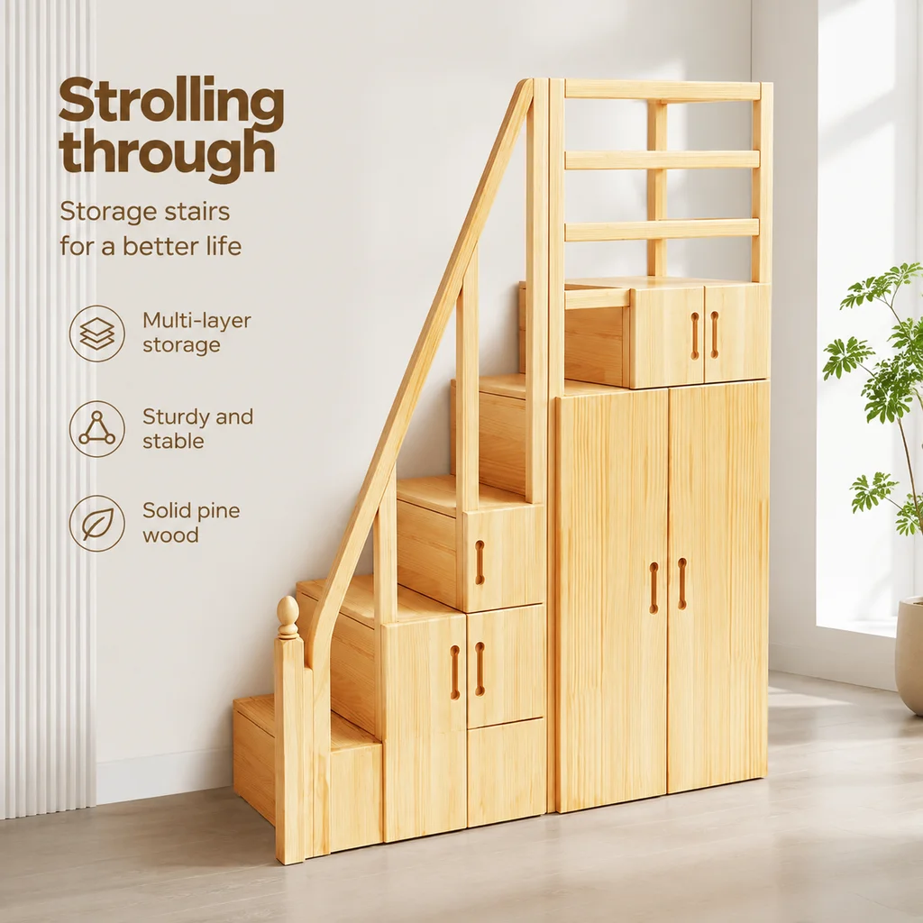 Solid Wood Multi-Functional Stair Cabinet with Wardrobe, Storage Drawers, and Foldable Stool