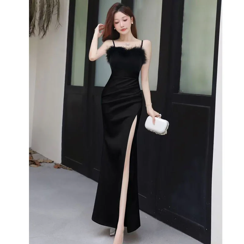 Hot sale 95 socialite temperament tube top feather female slim high-end sexy suspender dress evening dress