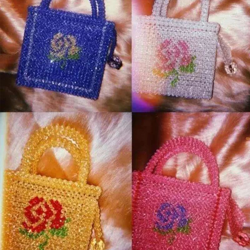 

Ins Rose Beaded Handwoven Fashion Women's Bag New Transparent Multicolor Flower Design Handheld Bags Customized Valentine's Day