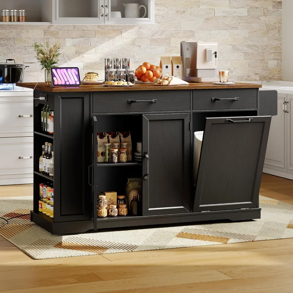 جزيرة المطبخ مع طاقة مدمجة وجوانب قابلة للطي، عربة تخزين محمولة مع حاوية سلة مهملات، مطبخ ريفية متدحرجة