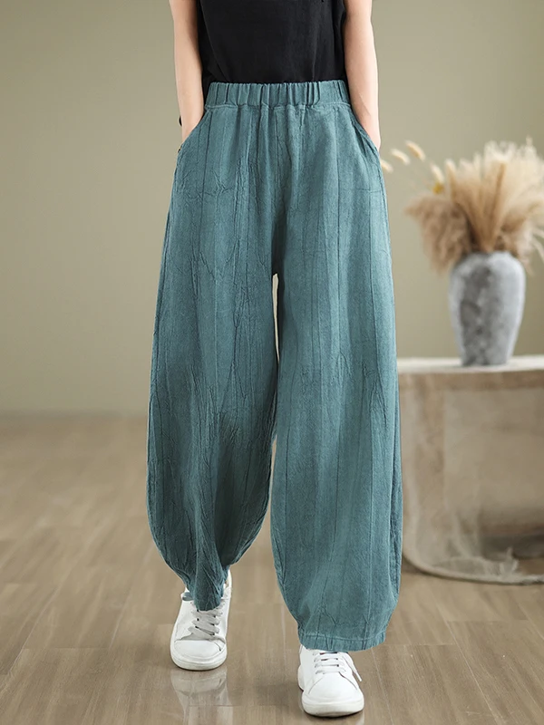

Vintage Japanese High-End Artistic Cotton Linen Casual Distred Long Pants Loose Slimming Elastic Waist Lantern Pants