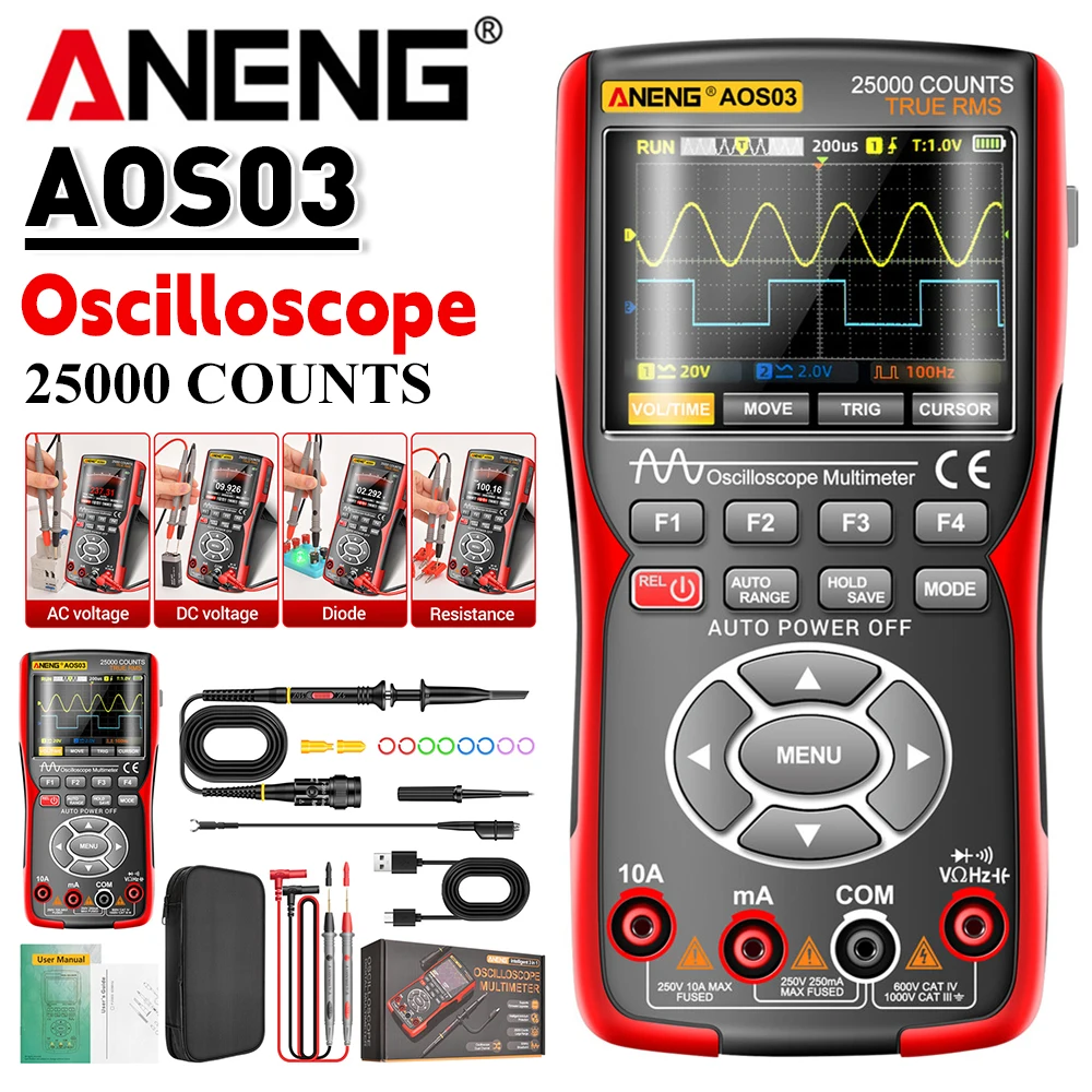 ANENG AOS03 Digital Oscilloscope Signal Generator Waveform Output Display Multimeter 280MSA Sampling Rate Handheld Oscilloscope