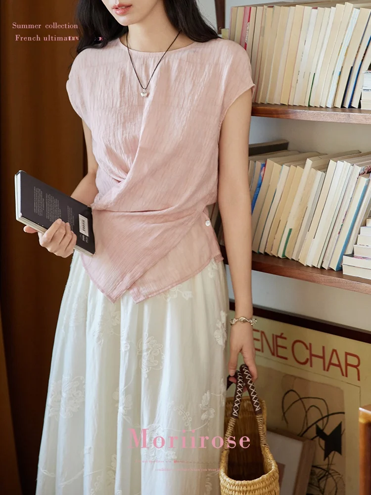 

Moriirose Pink Crepe Feel Cross oulder Design Women's Summer ort Sve irt Ele Commuting Top Loose Fit round Ne