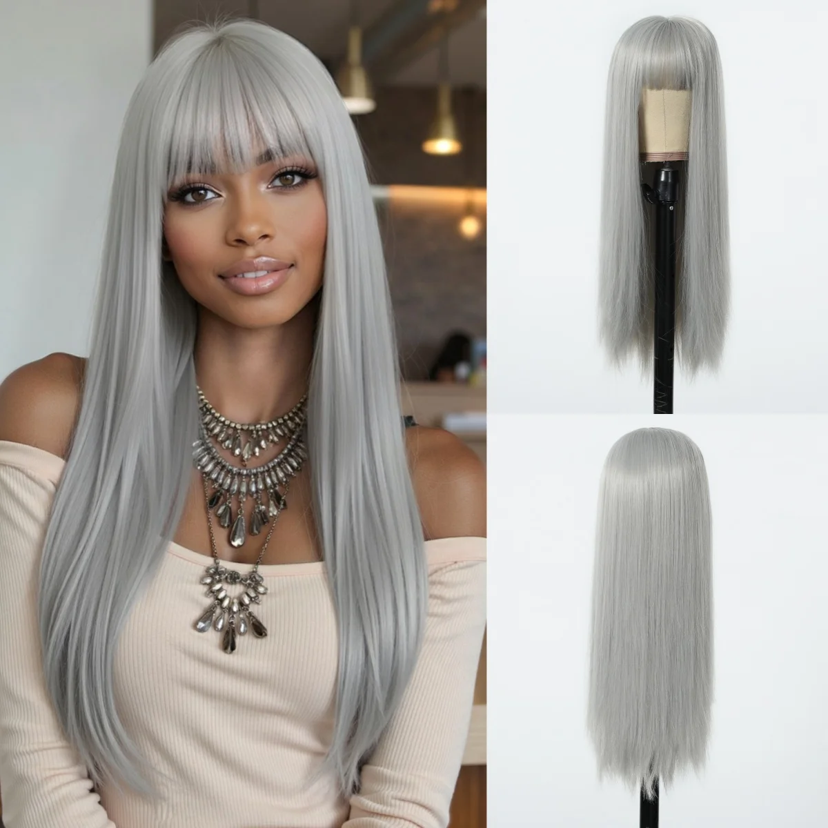 

EASIHAIR Длинные серые синтетические прямые парики с челкой, натуральные накладные волосы для женщин, повседневный косплей, термостойкое волокно