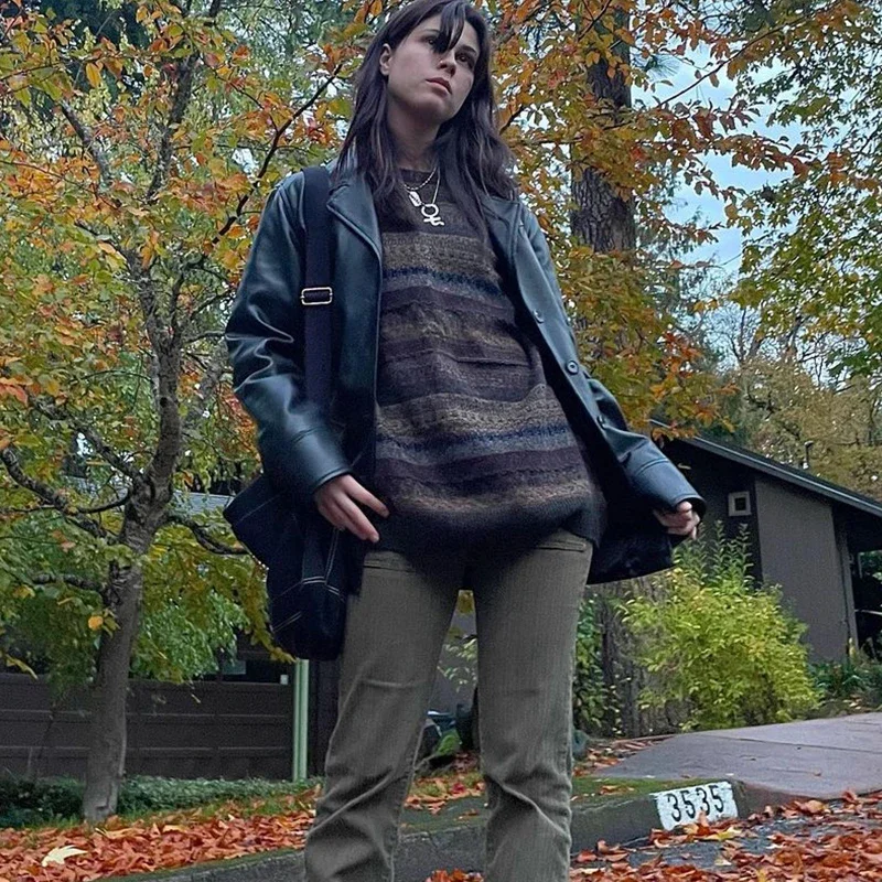 Preppy Grunge Retro gestreifter Strickpullover Herbst O-Ausschnitt volle Ärmel Pullover Fairycore Vintage Y2K Ästhetik Opa Pullover