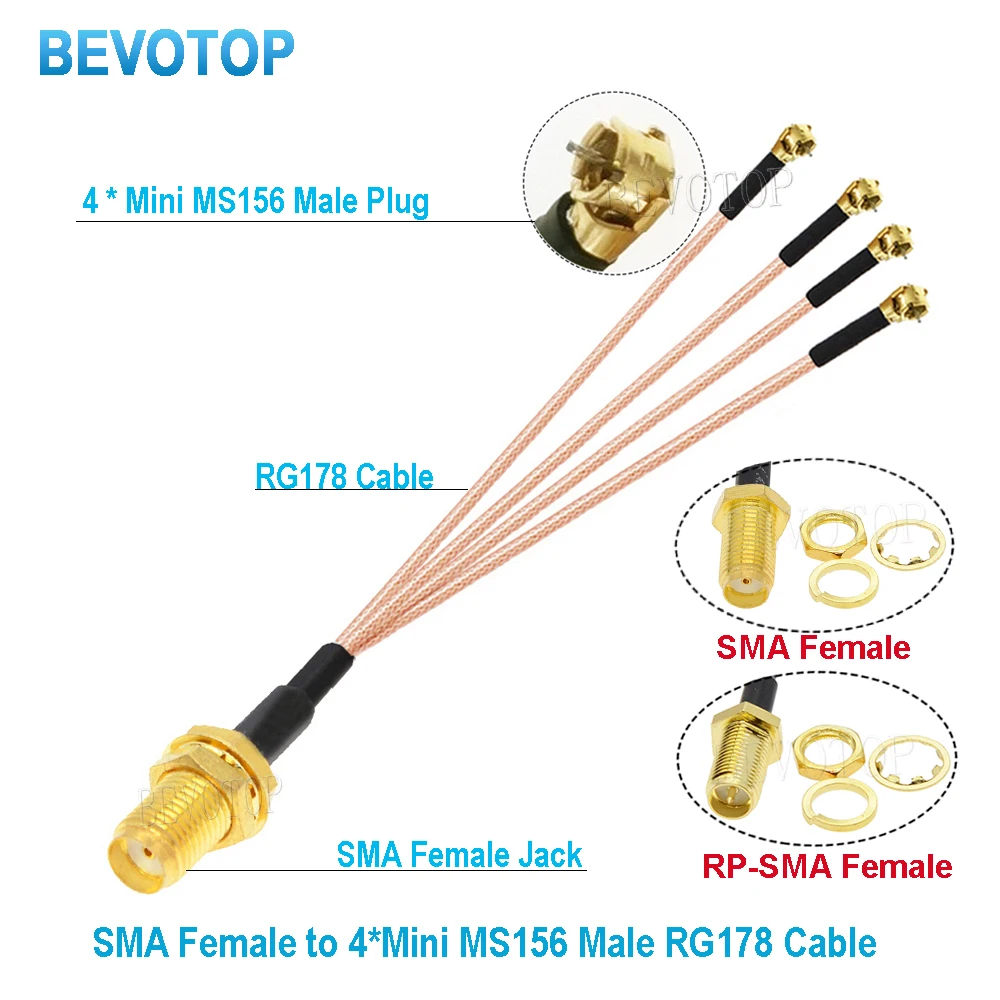 1PCS RP-SMA / SMA Female to 4 x Mini MS156 Male Plug DIY  Splitter Cable RG178 Pigtail WIFI Antenna Extension Jumper BEVOTOP