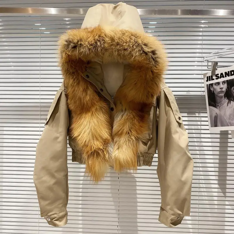 

2025 Winter New Arrival Women's Oversized Fox Fur Collar Hooded Short Parka with Rabbit Fur Lining