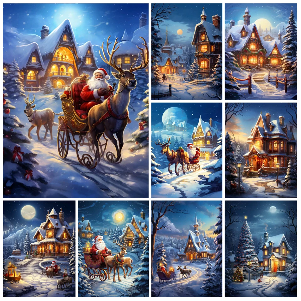 Christmas Night Landscape 5D Diy Diamond Painting New 2024 Mosaic Santa Claus New Year Gift Diamond Embroidery Cross Stitch