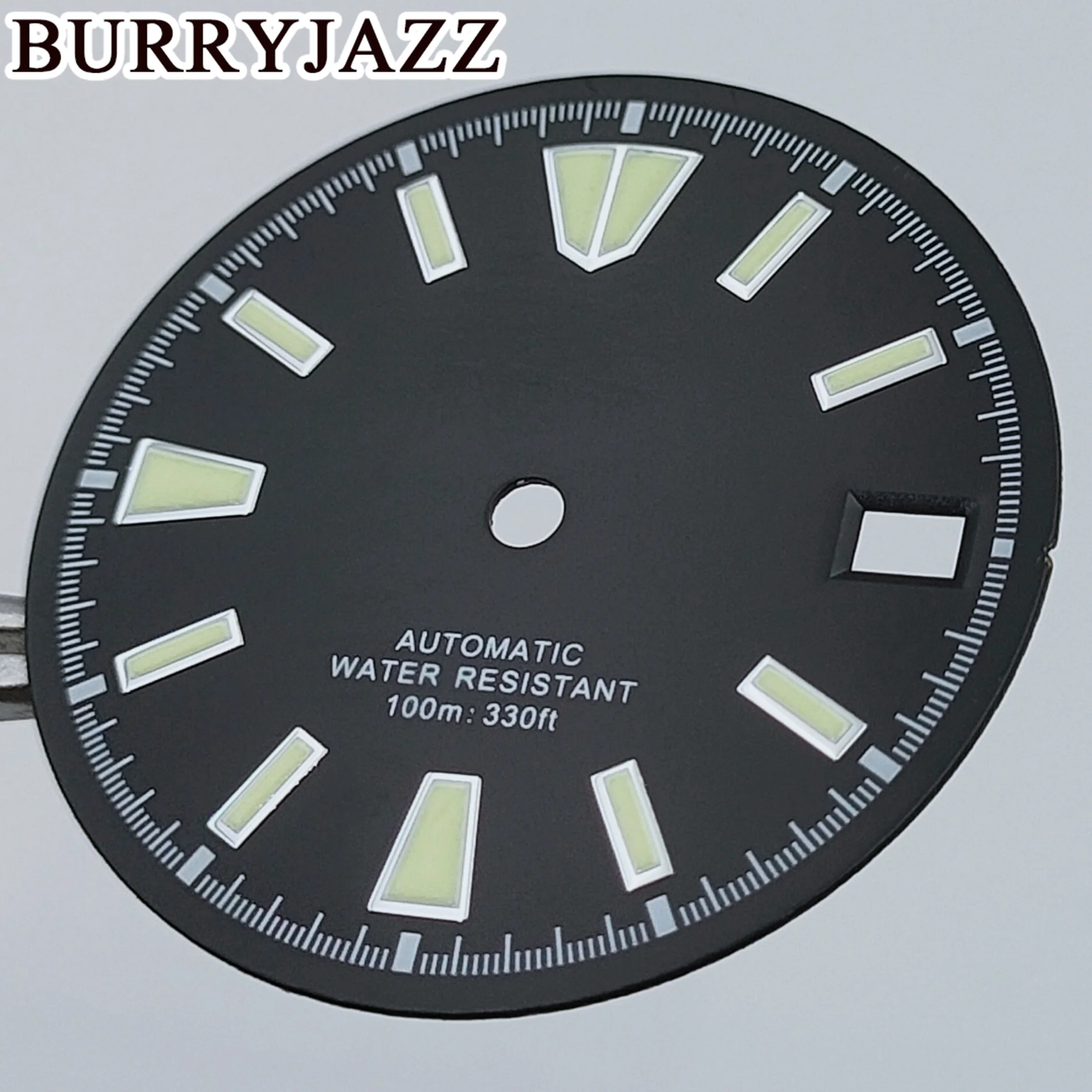 قرص ساعة Burryjazz مضيء ، بدون شعار ، قرص أسود ، ساعة 3: 00 ، علبة ساعة التاج ، NH35 ، 29