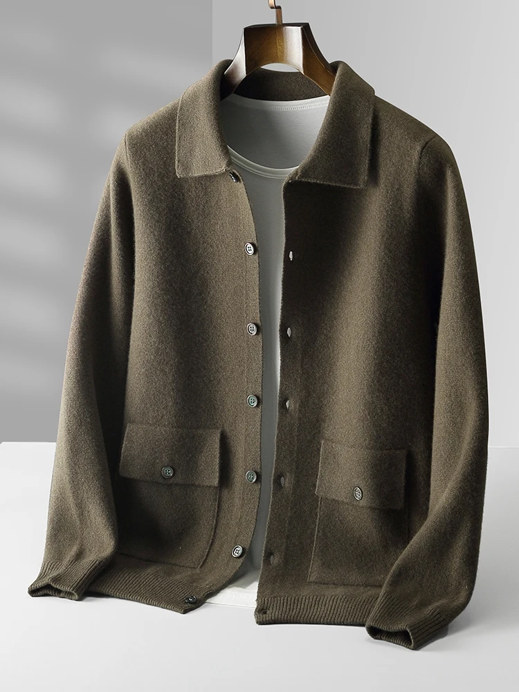 Herbst Winter Männer Wolle Pullover Mantel Lässig Dicke Warme Polo Strickjacke 100% Merino Wolle Strickwaren Mode Kaschmir Stricken Jacke Tops