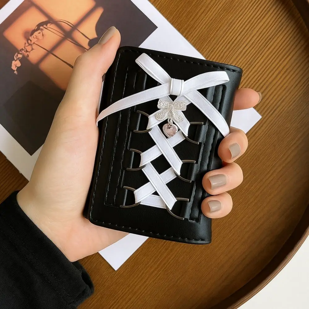 

Korean Style Balletcore Three Fold Wallet Heart Crystal Silk Ribbon Bow Cash Purse Bag Short PU Leather
