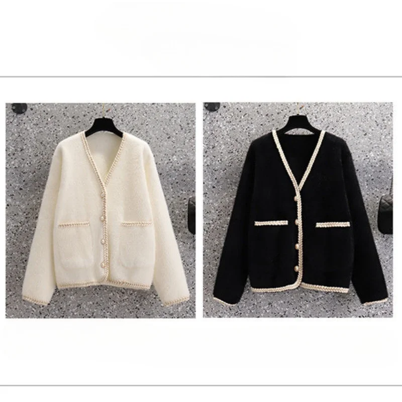 2024 New Fashionable Small Fragrant White Sweater Spring and Autumn Cardigan Imitation Mink Fleece Knitted Coat for Women