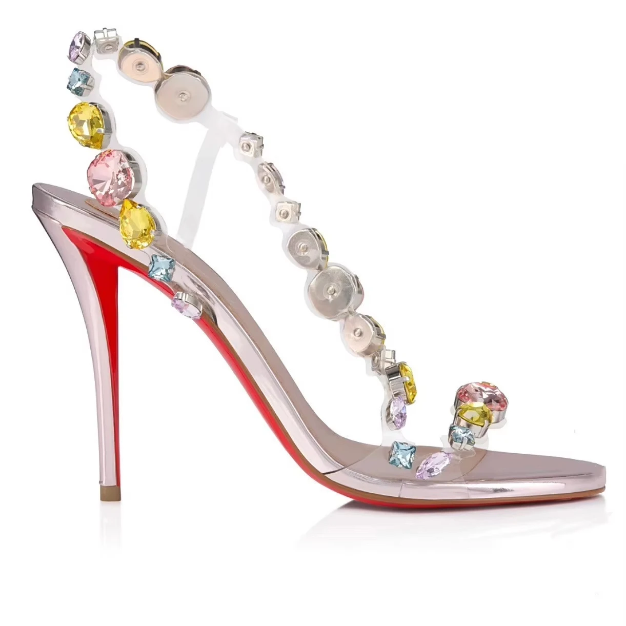 

2026 Summer New Women's Colorful Gemstone Strappy High-Heeled Sandals Rhinestone Transparent PVC Open-Toe Party Modern Sandals
