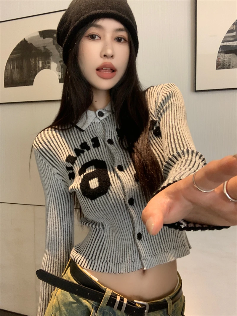 Cropped Cardigan Coat Women's Clothing Letter Long Sleeve Tunic Sueter Mujer Fashion Casual Knitted Sweater Y2k Tops Pull Femme