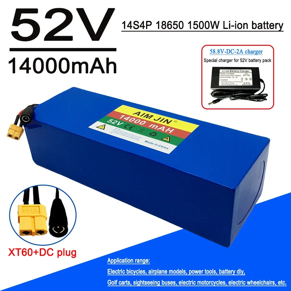 14S4P 52V Rechargeable Li-ion Battery Pack 18650 14AH High Capacity for 1500W Electric Bike Scooter Balance Car Toy Built-in BMS