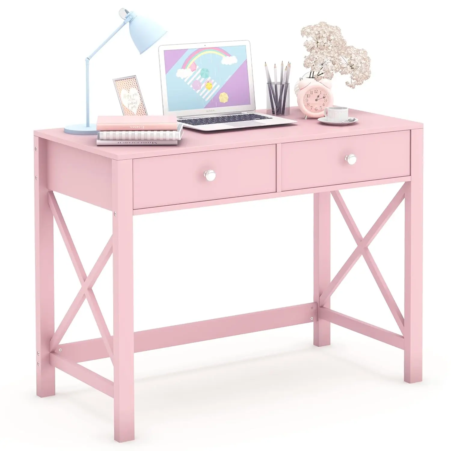 Small Home Office Desk with Drawers, Modern Writing Computer Table for Bedroom Study Vanity, Pink, Customized