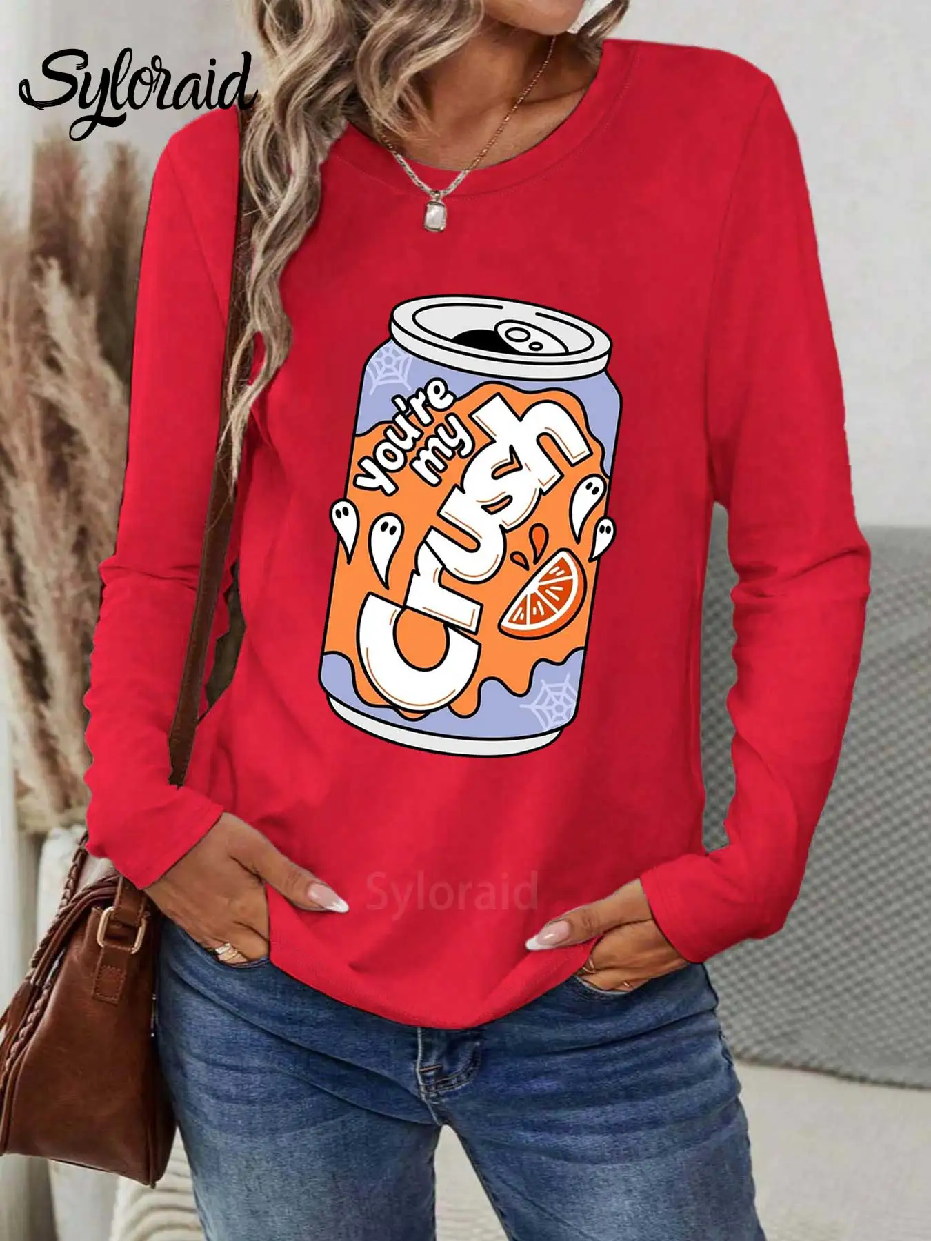 تي شيرت نسائي طويل الأكمام You're My Crush Soda Can تي شيرت لطيف للهالوين شبح قميص موضة رقبة مستديرة كاجوال