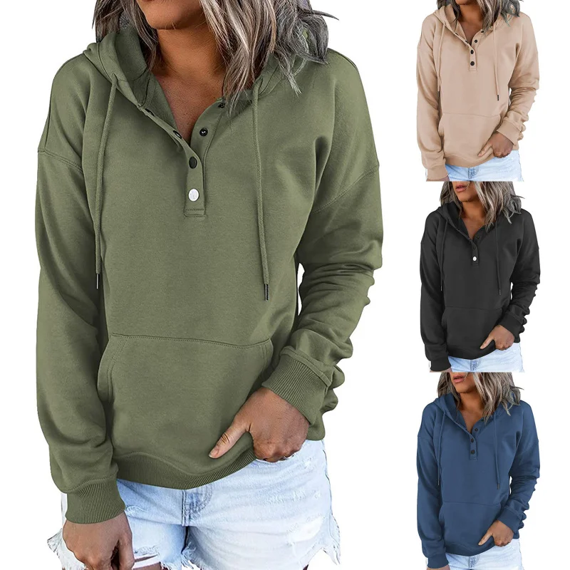 Women Autumn Winter Long Sleeved Loose Casual Button Hooded Sweatshirt With Drawstring Pocket And Fleece Tops Clothing