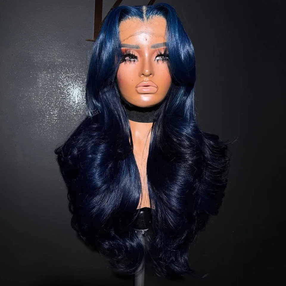 

Темно-синий парик 13x4 HD, плотность 200%, 32 дюйма, с эффектом Body Wave, на кружевной основе, синтетический, высокого качества, предварительно прорезанный, без клея, для косплея, распродажа