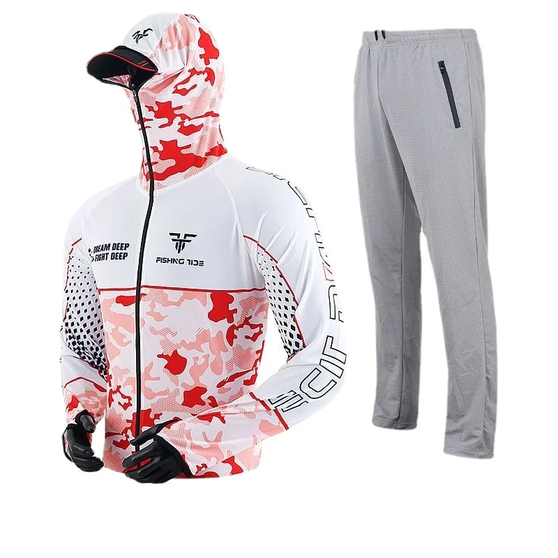 Men's Competitive Fishing Clothes Set, Camouflage Suit, Hooded Jacket, Quick Dry, Breathable, Anti-UV, Shirt and Pants