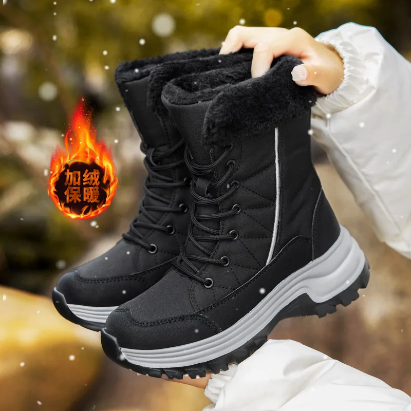 High quality mid calf leather snow boots for women new 2023 winter size 41 42 outdoor plush warm walking shoe - black white