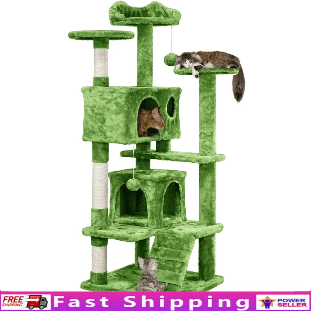 

54 Inch Cat Tree Condo with 2 Enclosed Condos Multi-Level Cat Furniture 3 Top Perches Scratch Posts Green Kittens