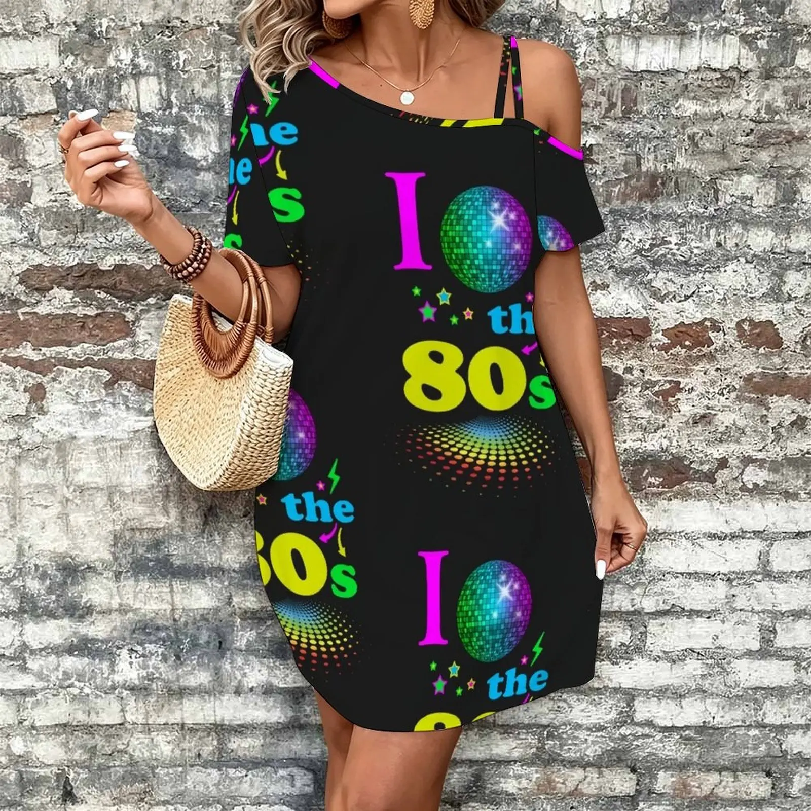 I Love The 80's eighties Women's Slanted Shoulder Single Strap Short-Sleeved Dress