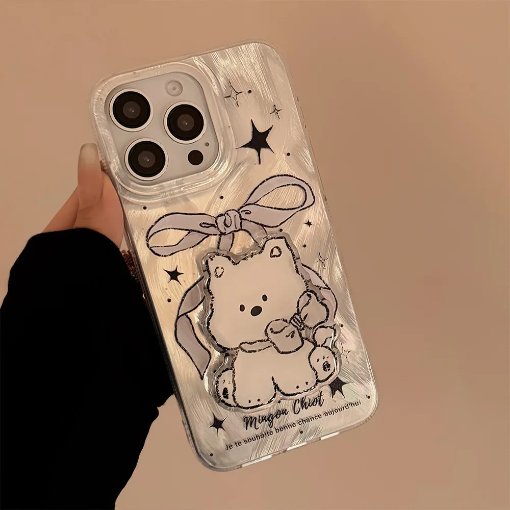 Cartoon Crayon Drawing Bow Tie Puppy Phone Case for IPhone16 15 14 12 13 11 Pro ProMax Plus X XR Shockproof Phone Cover