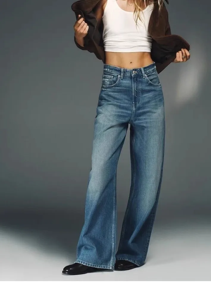Washed Leather Patchwork Women's Jeans Casual Commute Loose Straight Leg Floor-Length Trendy Trousers Low Waist Bootcut