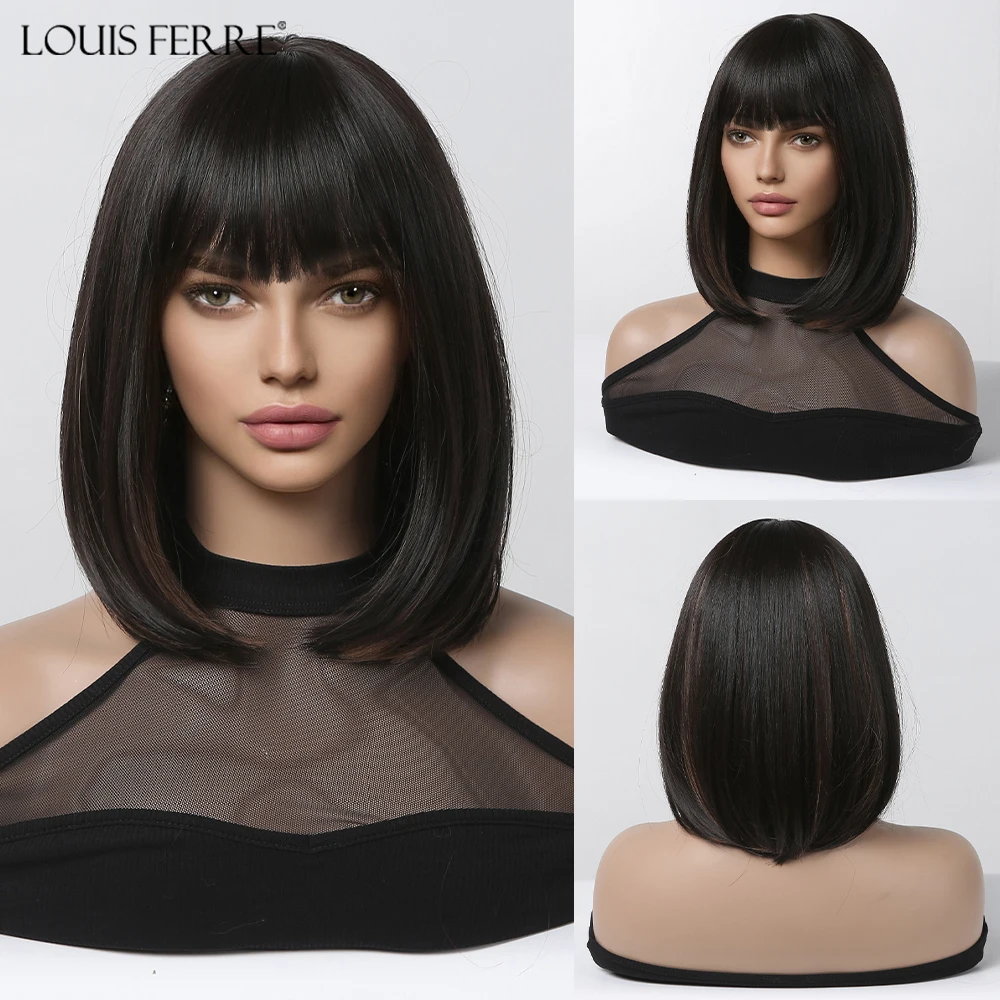 LOUIS FERRE Short Black Synthetic Wigs for Women Brown Mixed Black Highlight Wigs with Bangs Cosplay Party Heat Resistant Hair