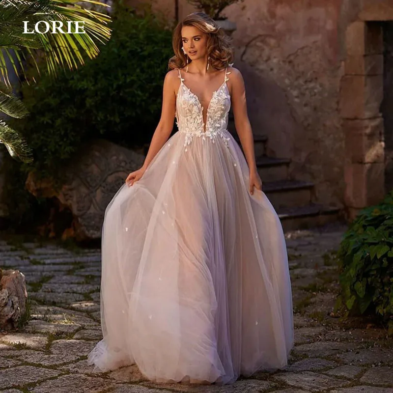 

LORIE Fairy Lace Wedding Dress A Line Spaghetti Strap Bride Dresses V Neck Wedding Gowns