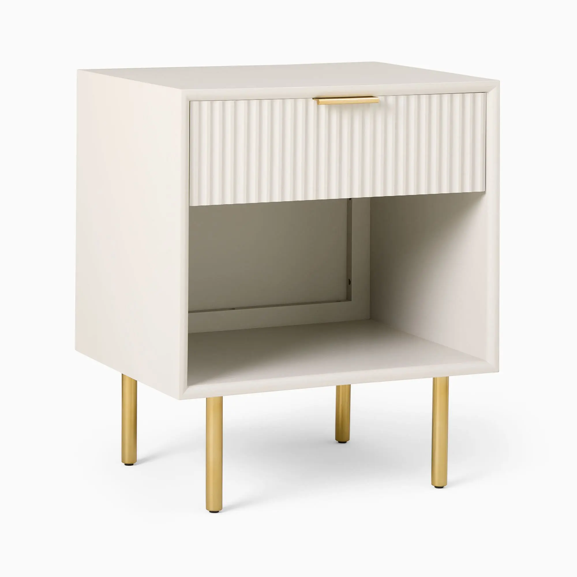 Luxury Nightstand Bedroom Furniture Fluted Wood Lofty Legs Streamlined Shape White Nightstand