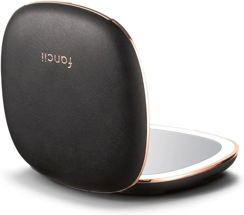 

Compact LED Makeup Mirror with Rechargeable Tru-Glow Lighting, 10x/1x Magnification, Vegan Leather for Travel