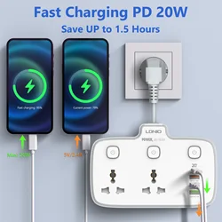 Universal Power Strip EU US UK Outlet Multi Plug with 20W PD QC USB Type-C Ports Fast Charging Electrical Sockets with Extension