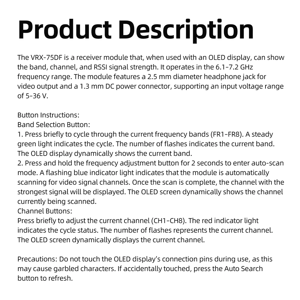 VRX-75DF FPV-Videoempfänger 6,1-7,2 GHz 64-Kanal-Analog für Drohnen mit 0,96-Zoll-OLED-Display – Detail 7