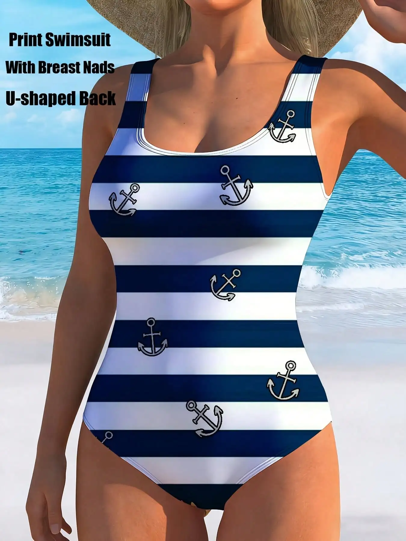 

Цельный купальник с полосатым принтом в виде якоря, с U-образным вырезом, в стиле танк-топ, с высокой талией, облегающий.