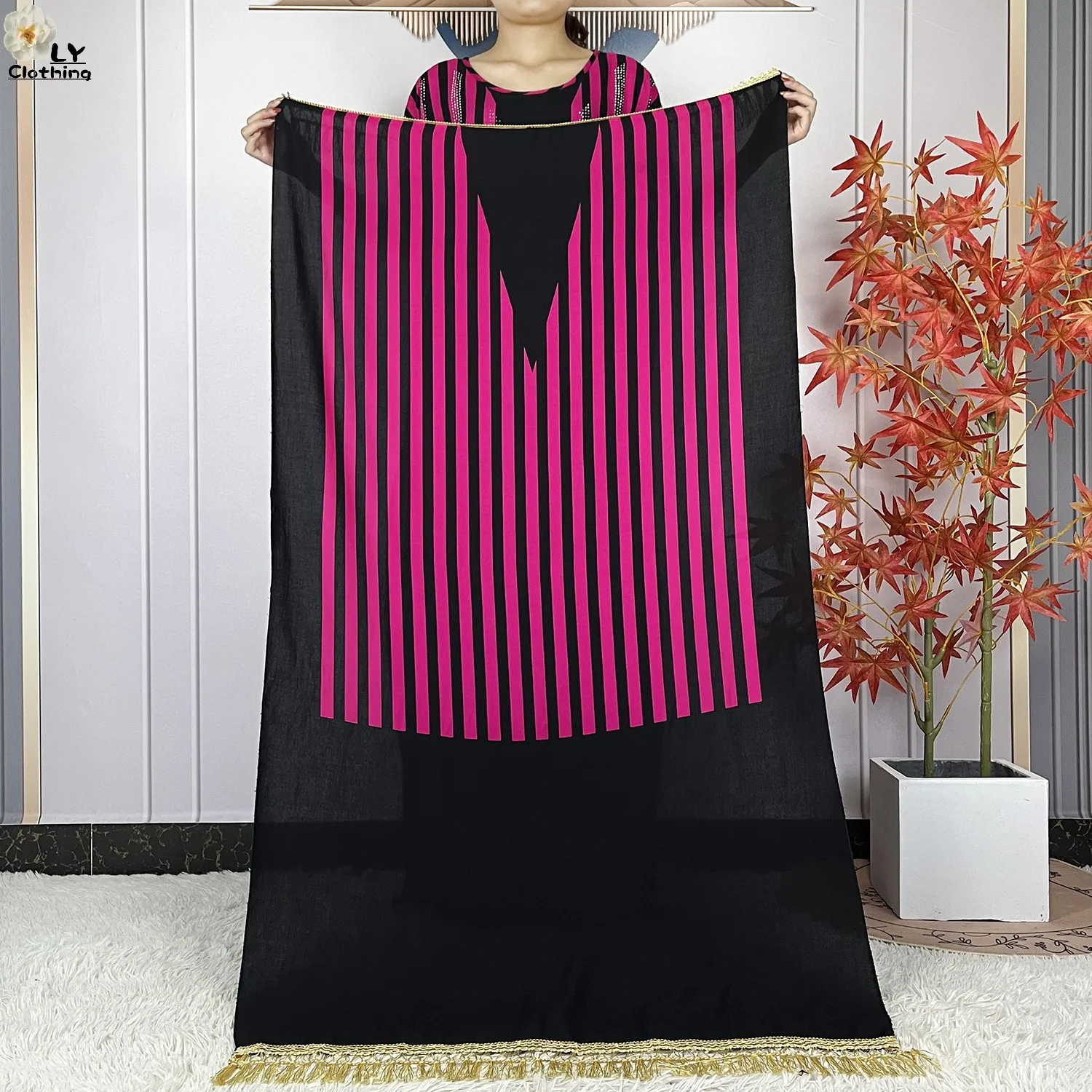 New Dubai Party Summer Short Sleeve Cotton Dresse With Big Scarf Diamonds Stripe Printing Lady Loose Robe African Islam Clothing