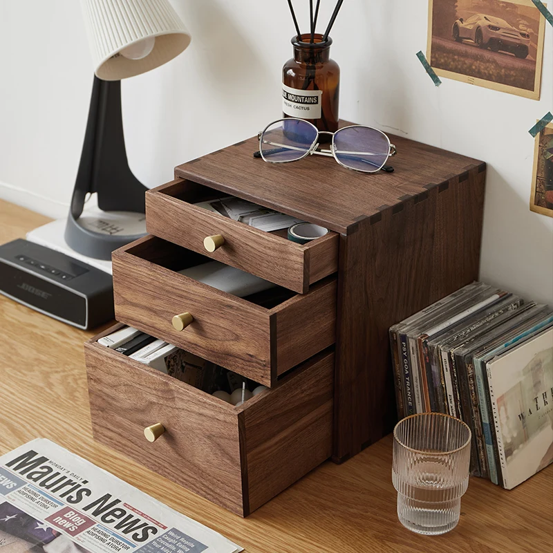 Black walnut solid wood desktop multi-layer storage box drawer wooden jewelry box tea office sundries